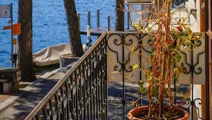 Un balcone con vista sul mare, una pianta in vaso e una ringhiera.