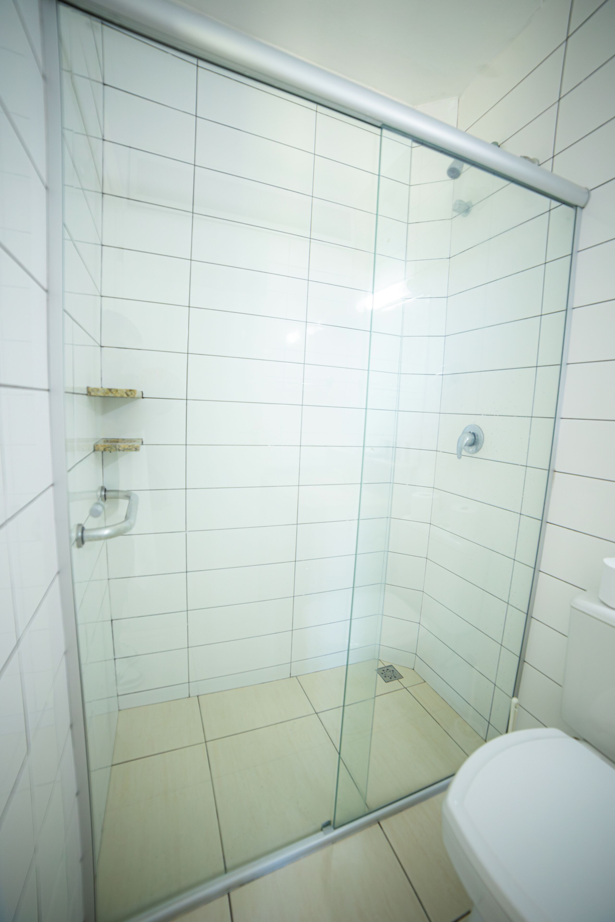 A glass-enclosed shower stall with white tiles, a glass door, and a white toilet visible to the right.