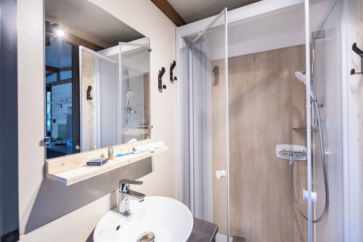 A modern bathroom with a large mirror, a sink, and a glass-enclosed shower.