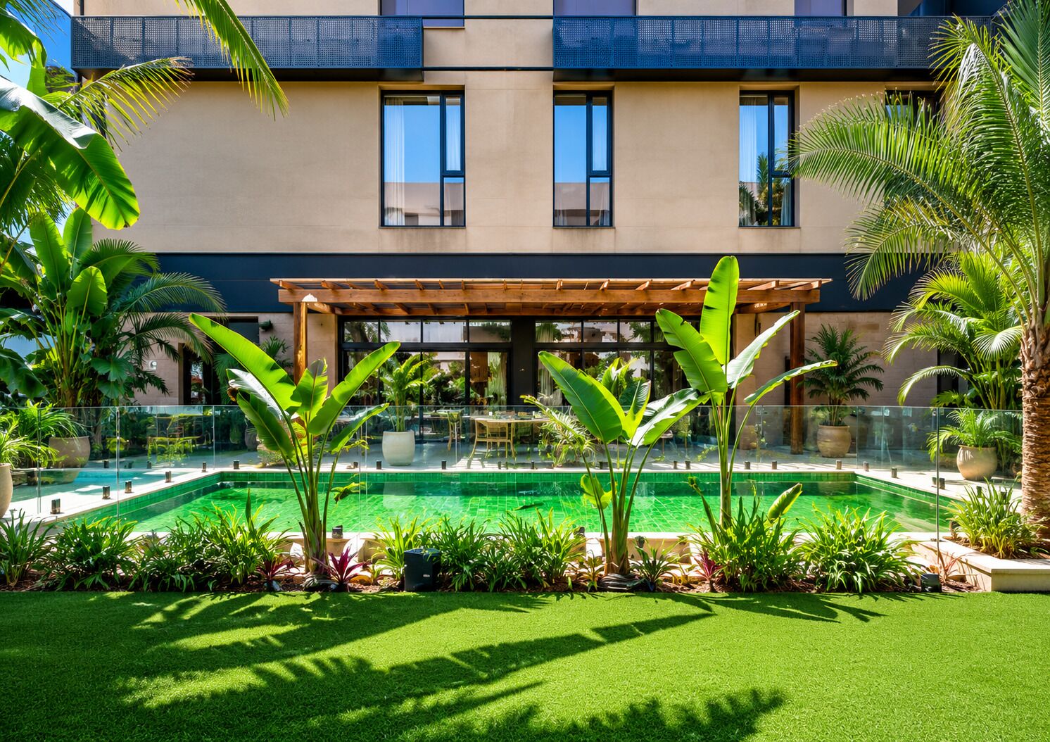 Un edificio moderno con piscina, rodeado de exuberante vegetación y una pérgola.