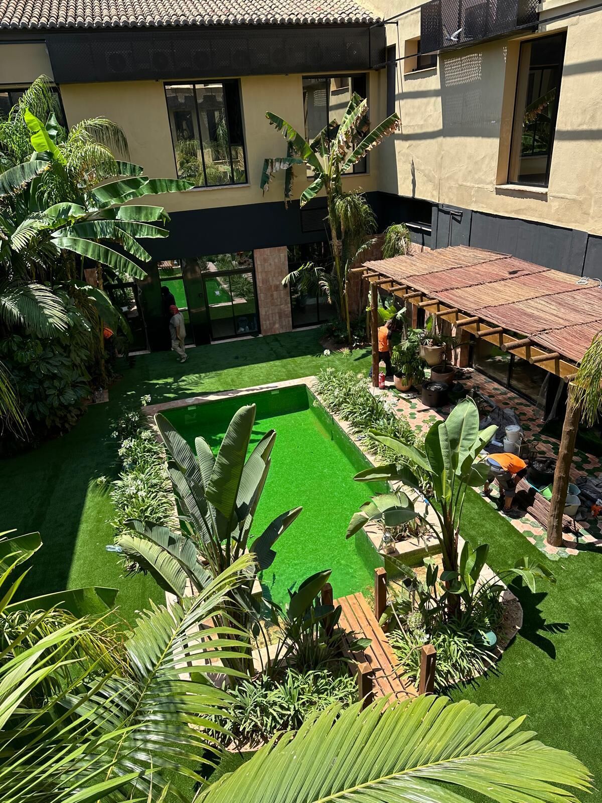 Une cour avec une pelouse artificielle, une pergola en bois et diverses plantes tropicales.