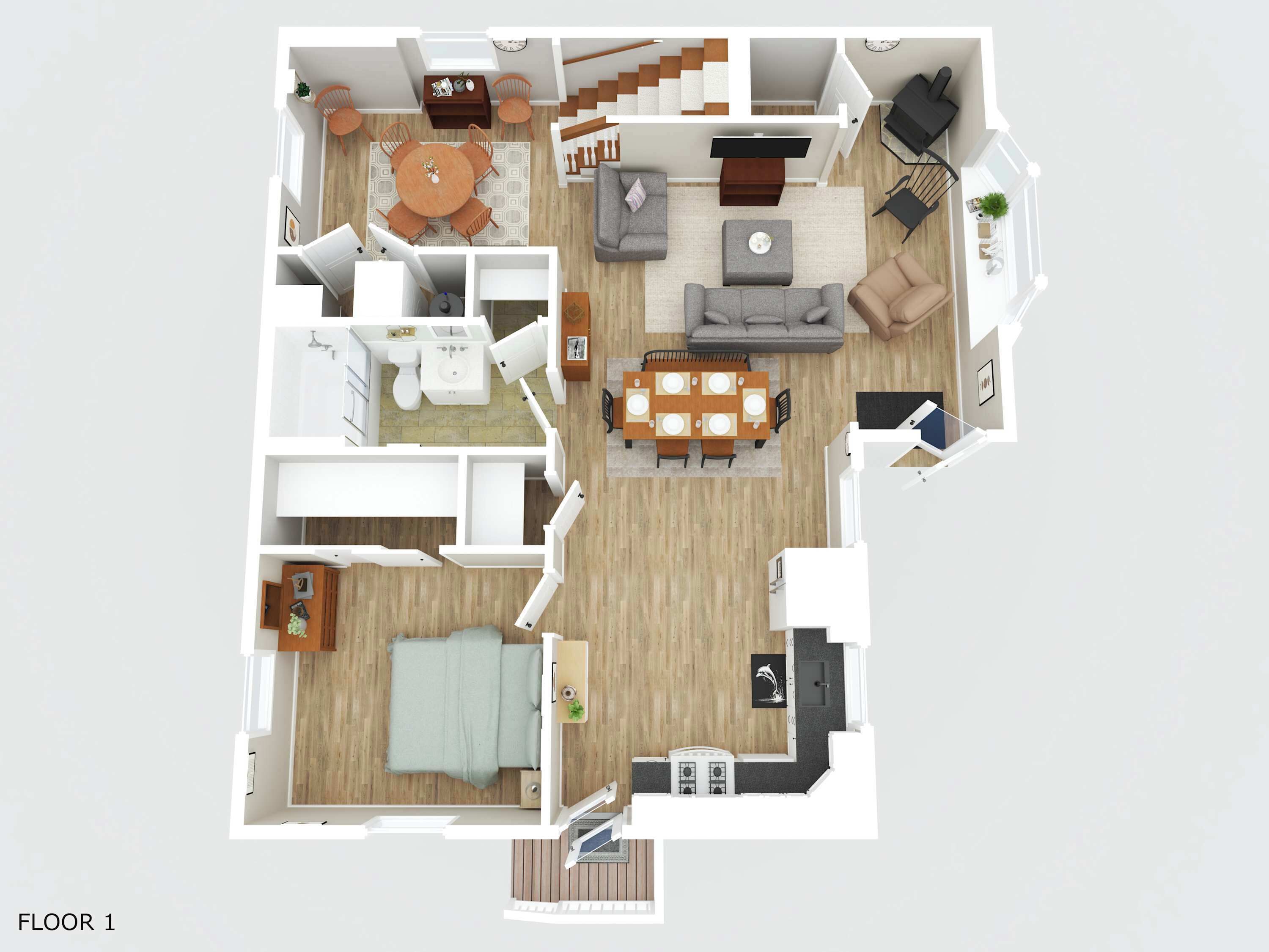 A 1-bedroom apartment layout with a living room, dining area, kitchen, and a small bathroom.