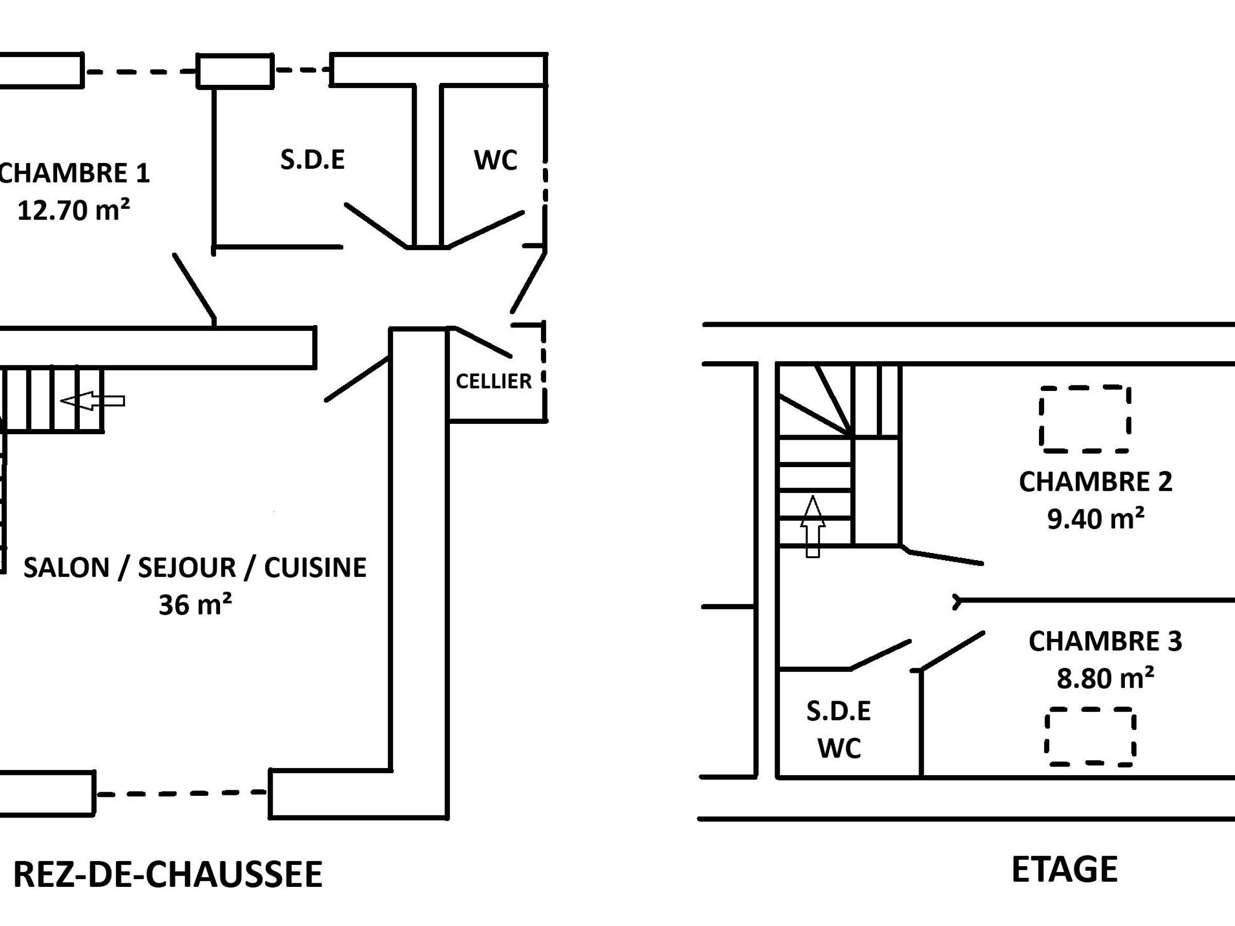 Grundriss eines Hotels mit drei Zimmern, einem Salon und einer Küche. Zimmer 1 hat eine Größe von 12,70 m², Zimmer 2 von 9,40 m² und Zimmer 3 von 8,80 m². Der Salon ist 36 m² groß.