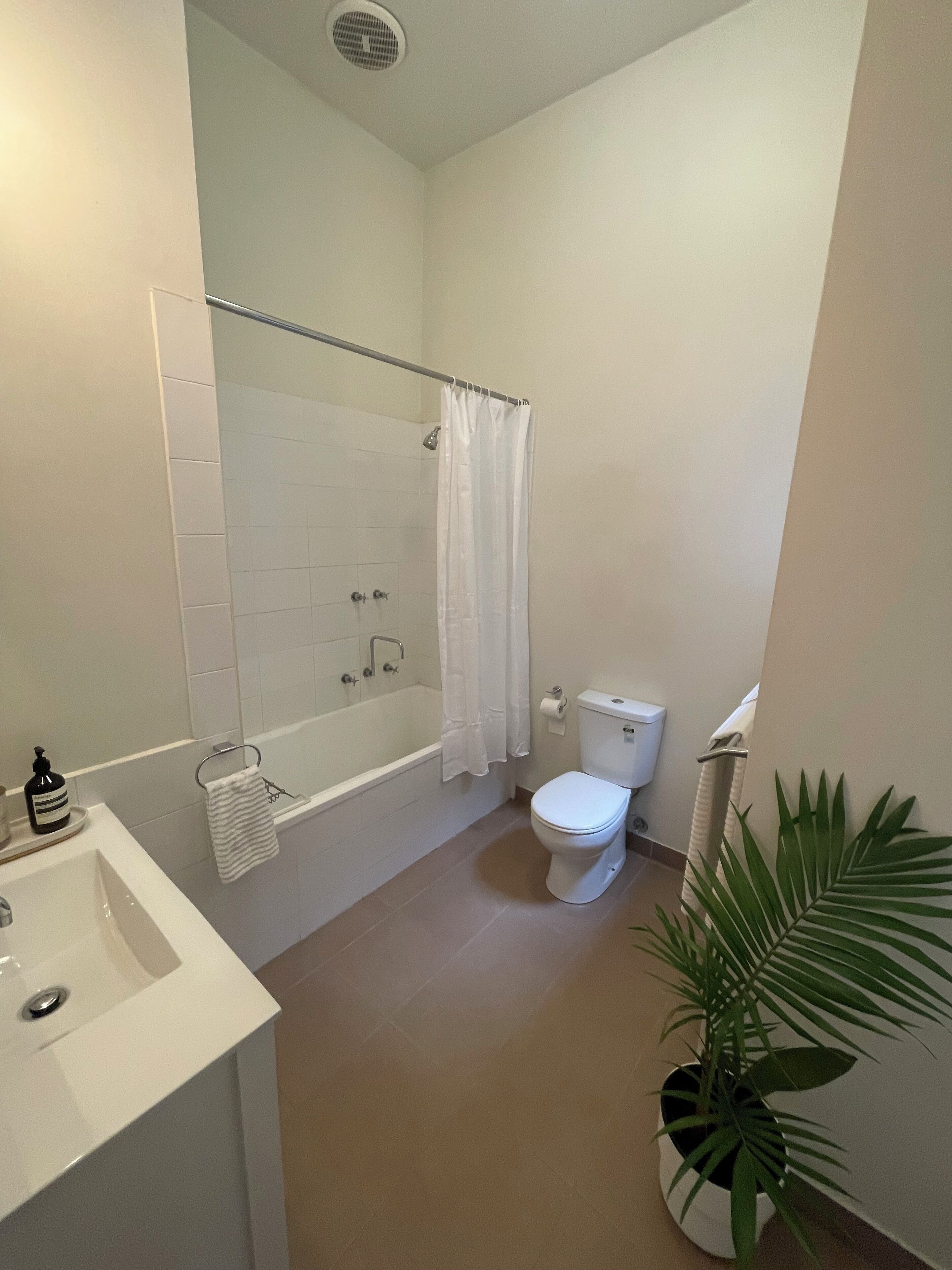 Hair dryer, towels, soap
