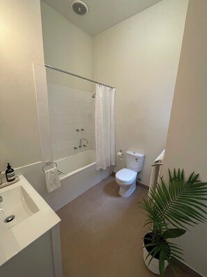 Hair dryer, towels, soap