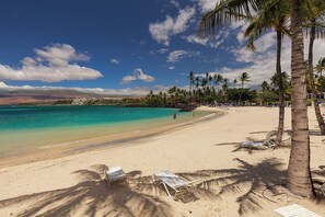 A beach with clear turquoise water, palm trees, and lounge chairs. - 1BR-Beautiful Ground Floor, Ocean View, Mauna Lani Resort (Kamuela)