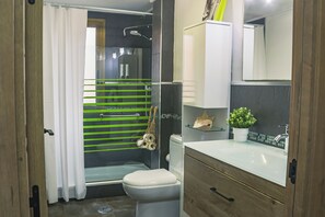 Dusche, Haartrockner, Handtücher, Seife