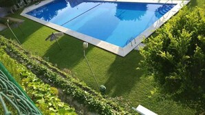 Una piscina rectangular envoltada de gespa i arbustos ben cuidats.