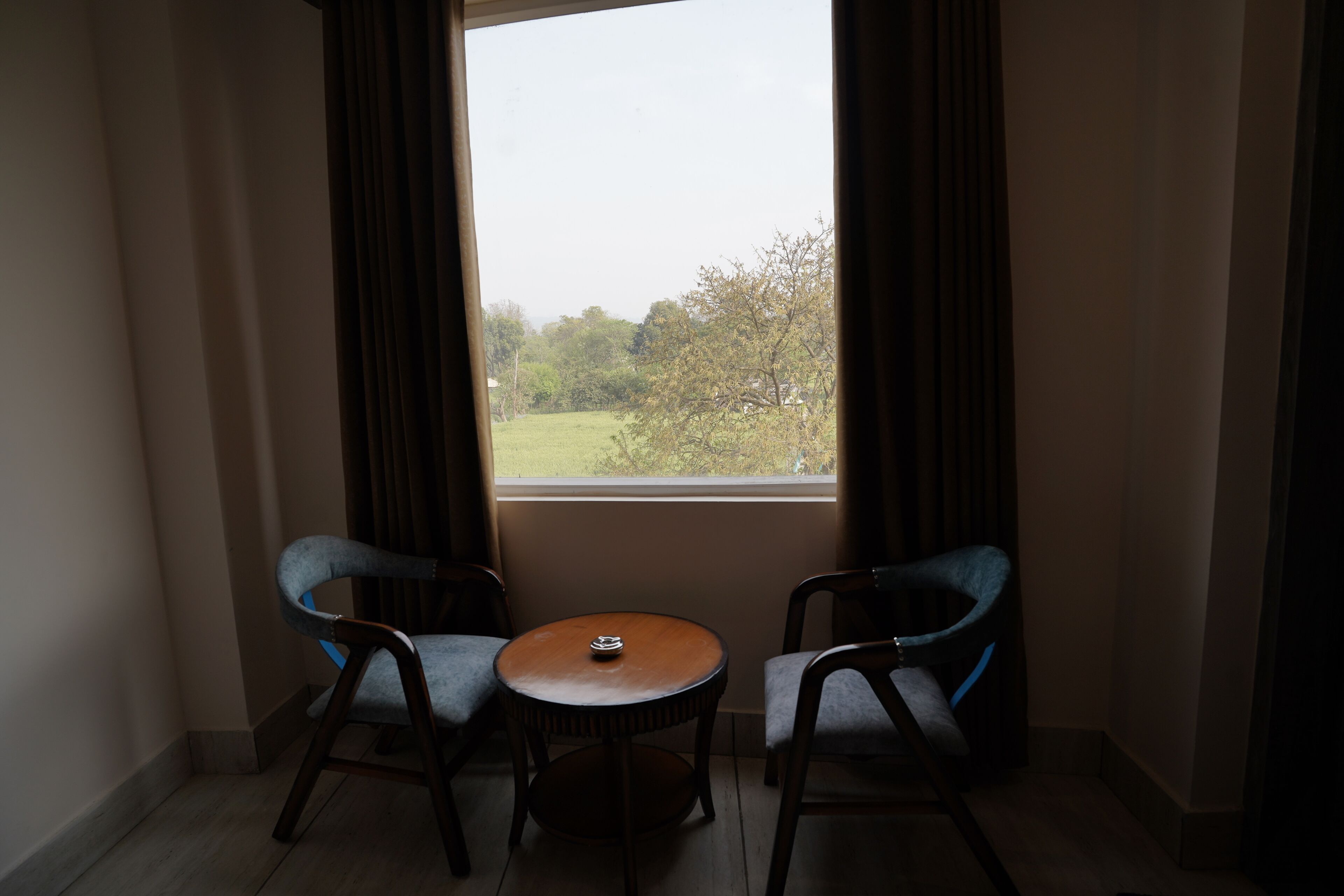 A room with two chairs and a small round table, a window with curtains, and a view of a green landscape.