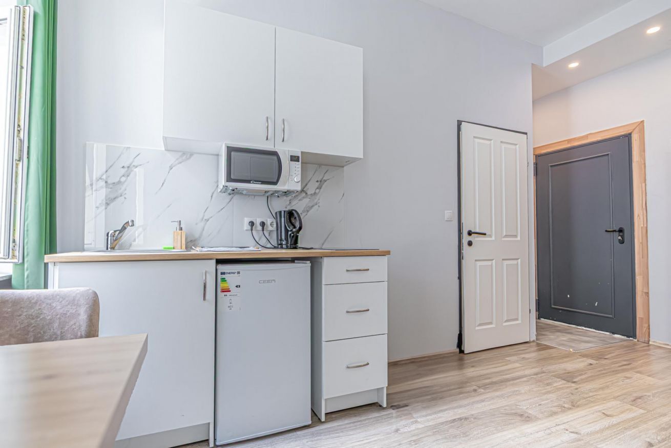 Kühlschrank, Mikrowelle, Herdplatte, Wasserkocher mit Kaffee-/Teezubehör