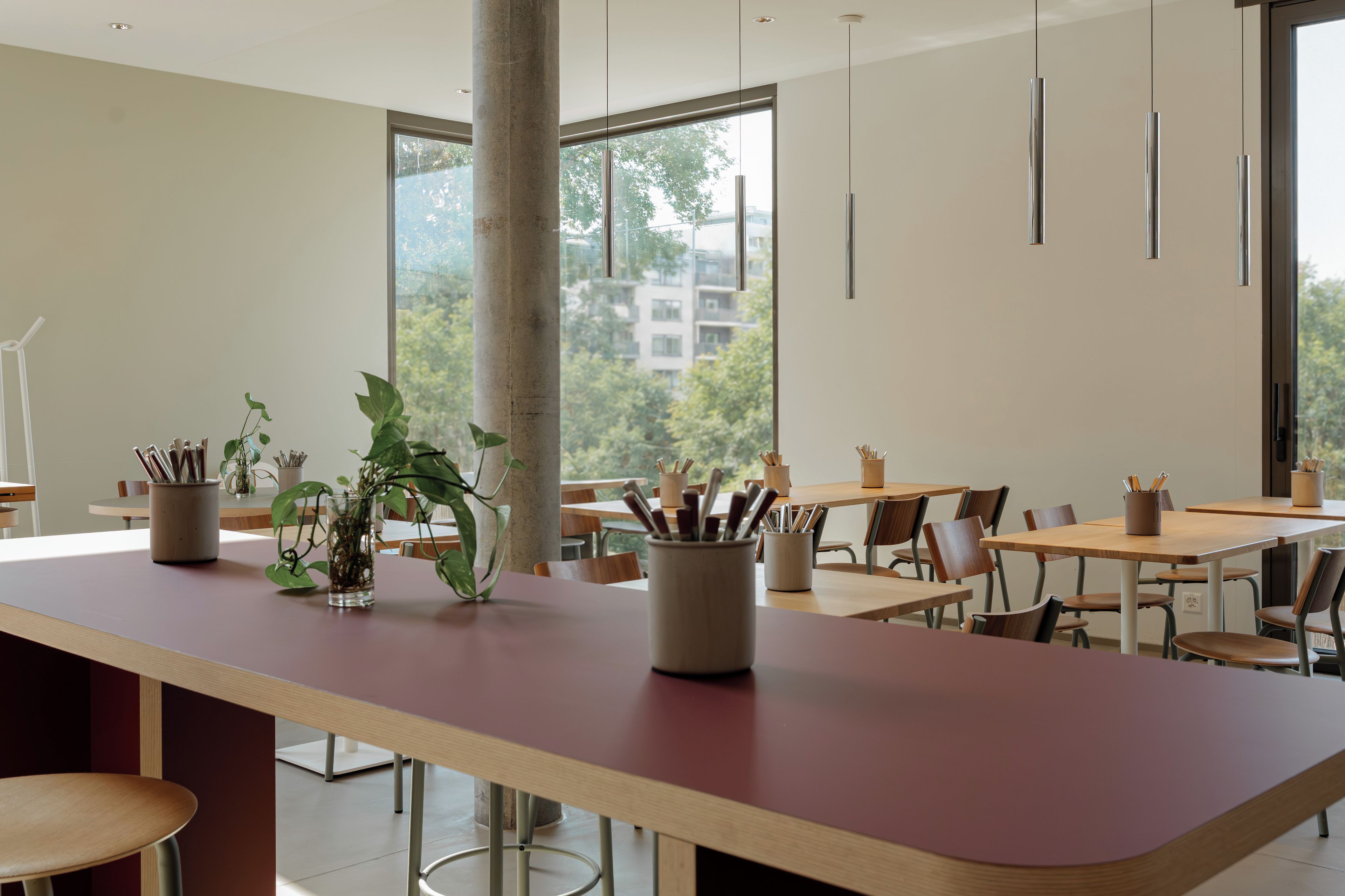 Ein modernes Interieur mit einem langen Holztisch, Stühlen und Topfpflanzen.