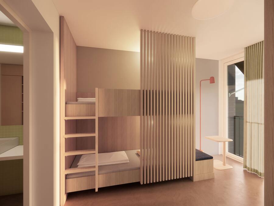 A modern bathroom with a built-in wooden shelf unit, a small bedside table, and a visible sink.