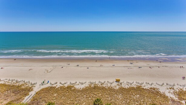 A wide sandy beach with gentle waves, a clear sky, and sparse vegetation in the foreground. - Sun, Sand & Sea Views: Myrtle Beach Condo (Myrtle Beach)