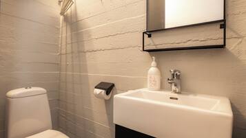 Secador de cabelo, toalhas de banho, sabonete, papel higiênico