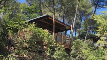 A wooden deck with a staircase leading to a covered area surrounded by dense trees.