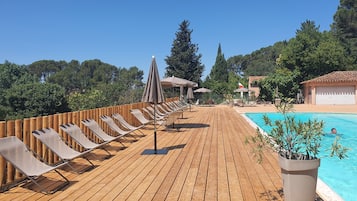 Seasonal outdoor pool, pool umbrellas, sun loungers