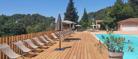 Seasonal outdoor pool, pool umbrellas, pool loungers