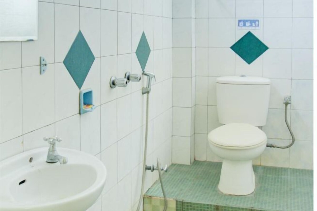 A bathroom with a white sink, a toilet, and a shower.