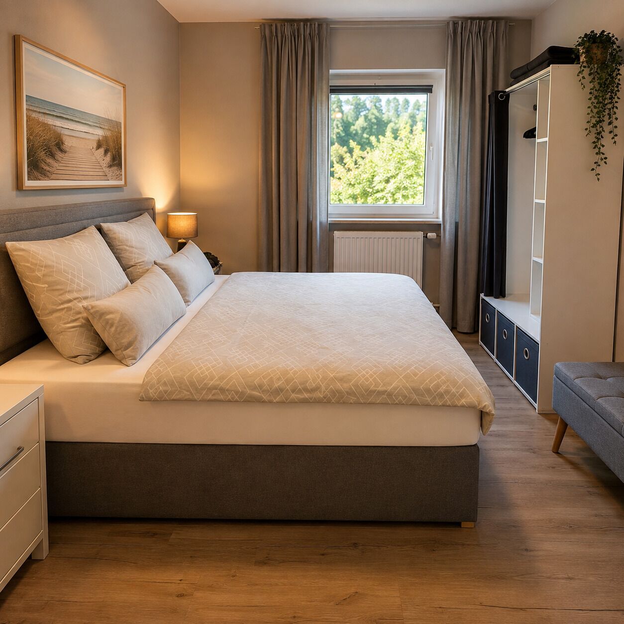 Ein Schlafzimmer mit einem großen Bett, einem Nachttisch, einem Schrank, einem Fenster mit Vorhängen, einem Heizkörper und einer Pflanze.