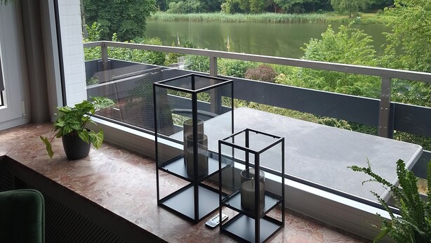 A balcony with a view of a lake and forest. There are potted plants on the balcony.