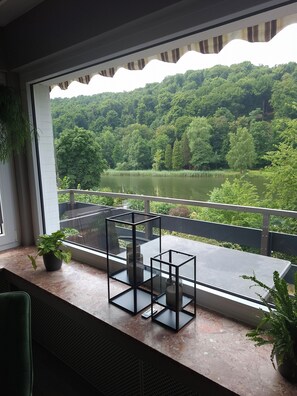 Ein Balkon mit Blick auf einen See und einen Wald. Es stehen Blumentöpfe auf dem Balkon.