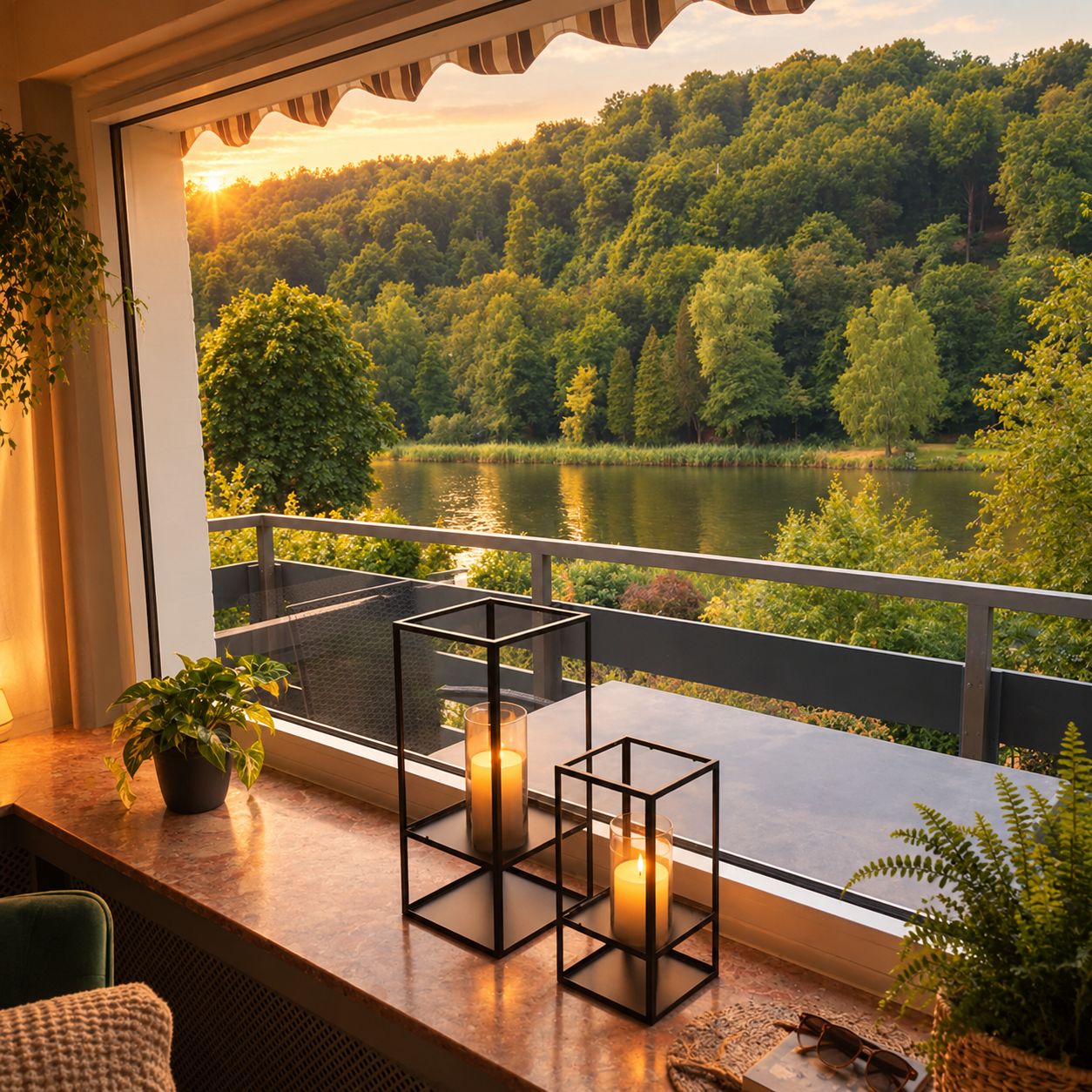 Un balcon donnant sur un lac et une forêt, une table décorée de bougies et une plante en pot.