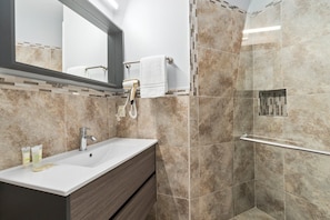 Shower, hair dryer, towels, soap