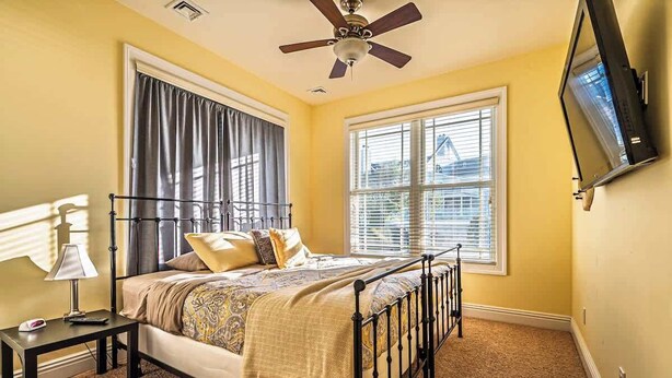 A bedroom with a bed, a ceiling fan, a TV, and two windows.