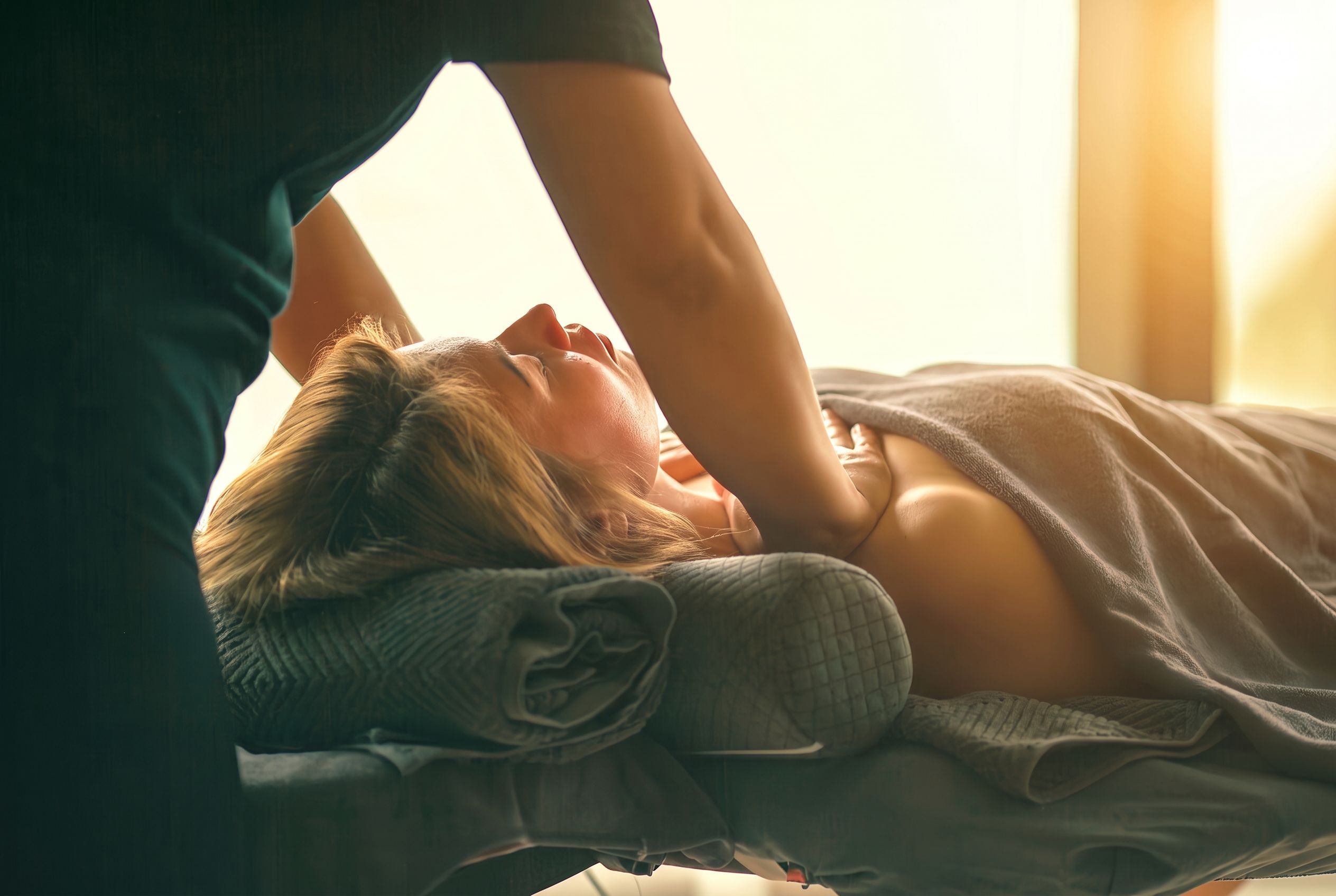 A person lying on a bed with a blanket, another person standing beside them, and a window with daylight coming through.