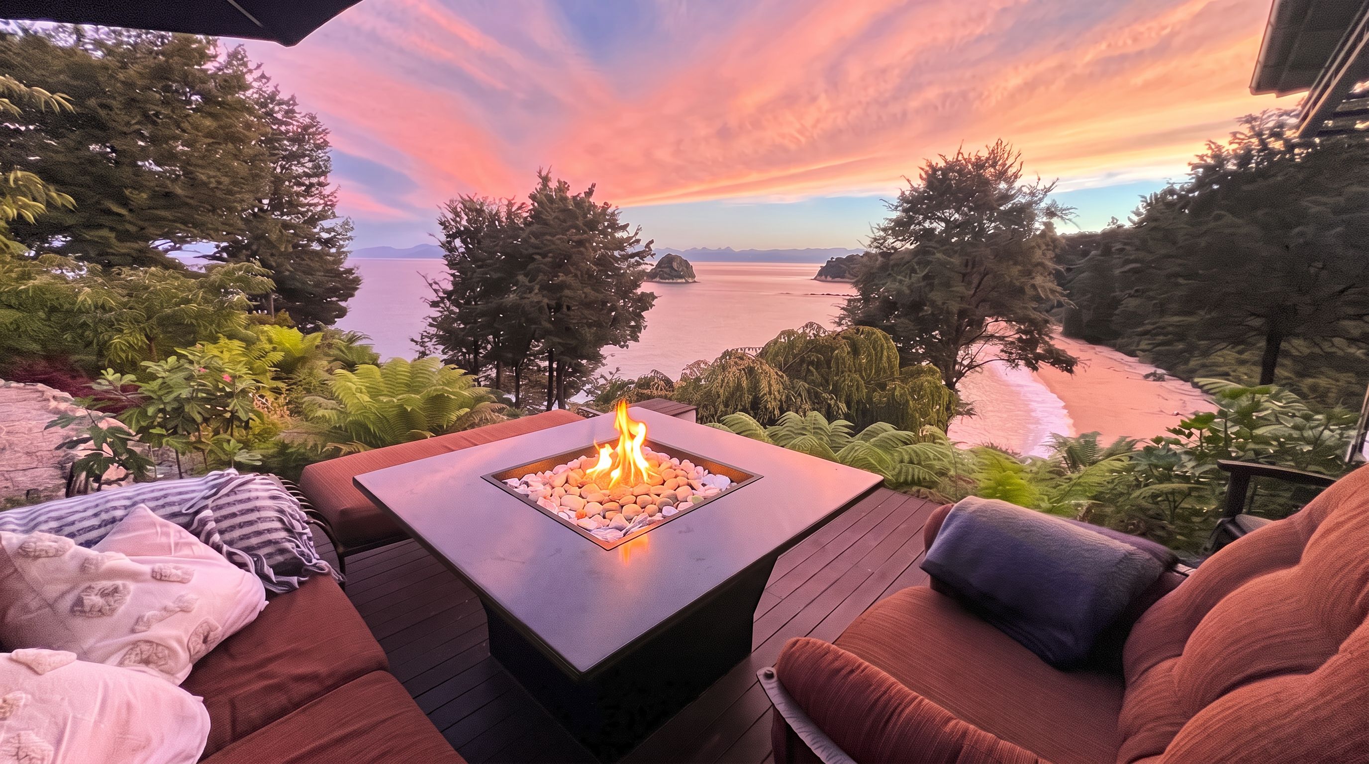 A deck with a fire feature, seating, and a view of the ocean and mountains.