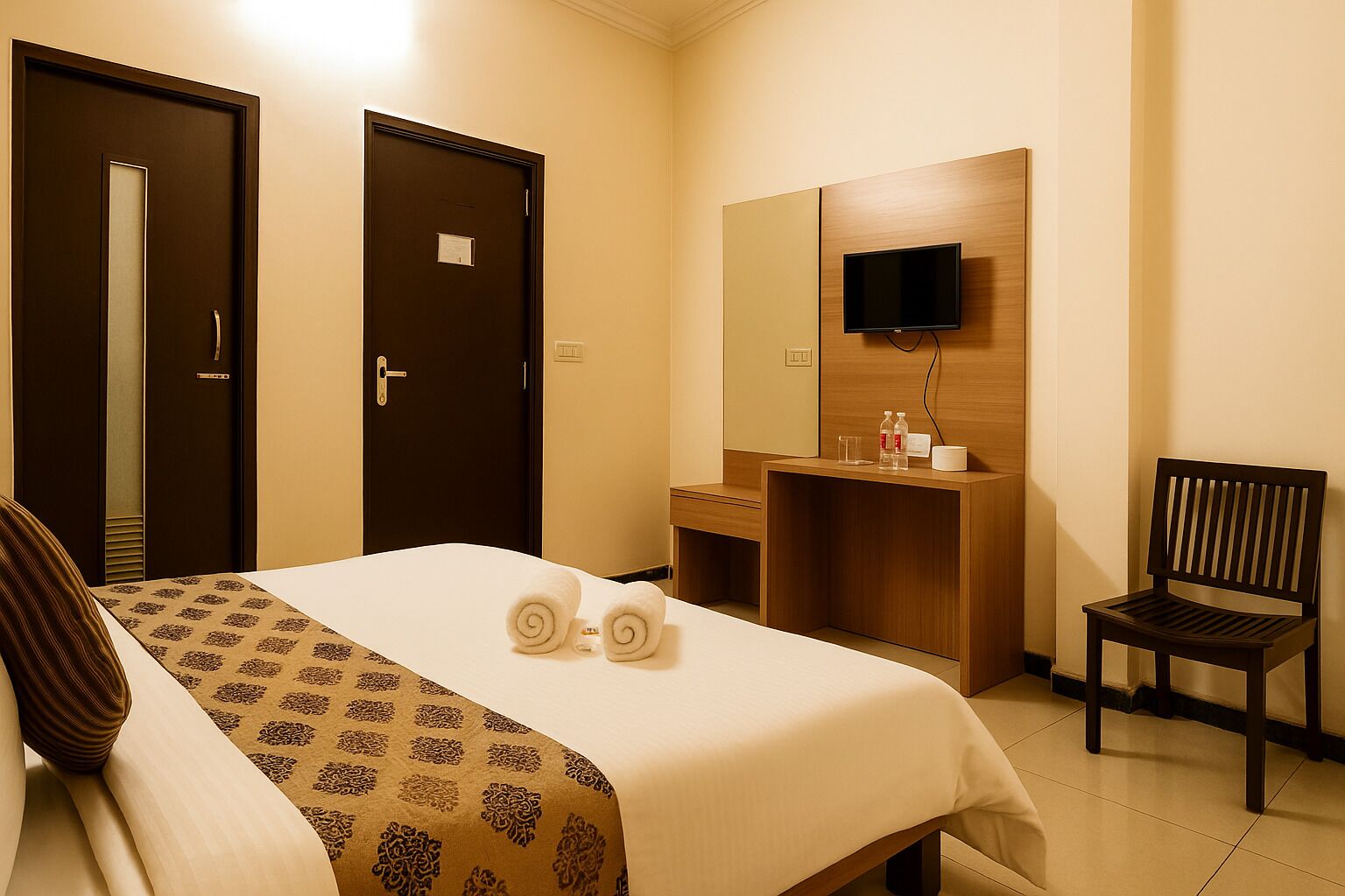 Una habitación de hotel con una cama, un escritorio con espejo, un televisor y una silla.