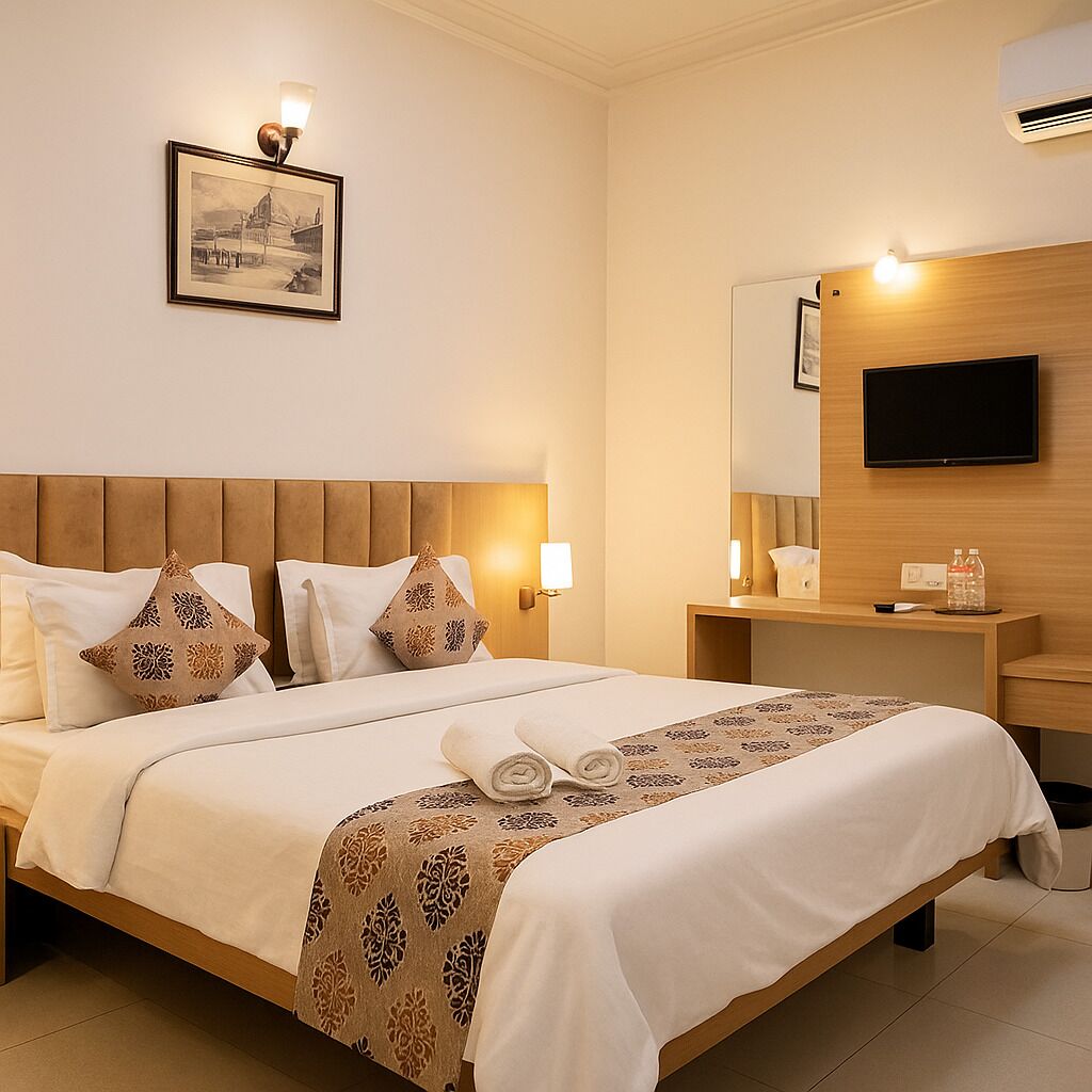 A hotel room with a bed, a bedside table, a TV, and a framed picture on the wall.