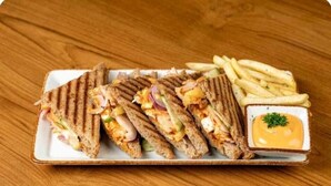 Une assiette de sandwichs grillés et de frites, accompagnée d’un petit bol de sauce.