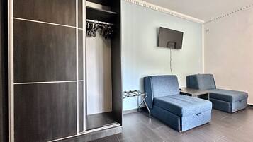 Una habitación moderna con armario empotrado, televisor de pantalla plana montado en la pared y dos sofás grises.