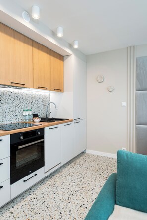Family Apartment, City View | Private kitchen | Full-size fridge, microwave, oven, stovetop