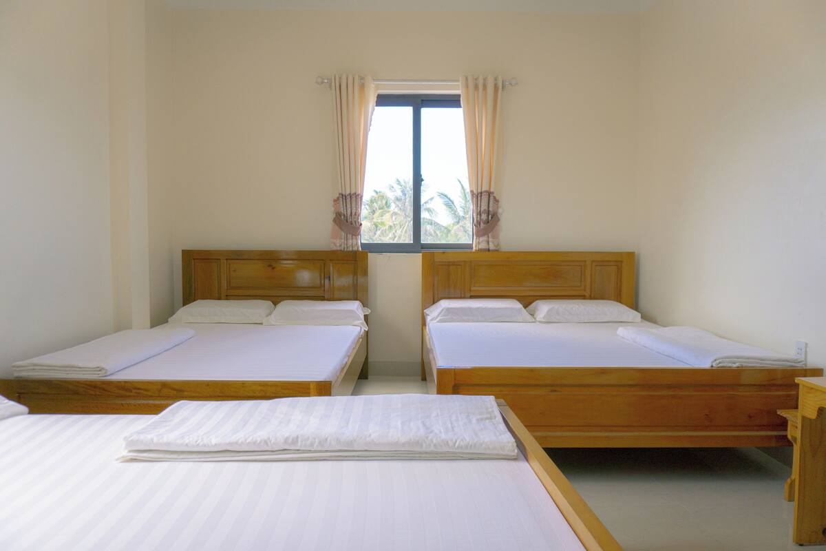 A room with two wooden beds, a window with curtains, and a view of palm trees outside.