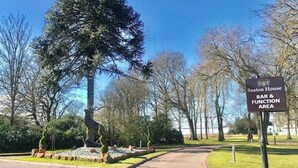 Schild des Seaton House Bar & Function Area in einem Park mit einem großen Baum und einer Skulptur.