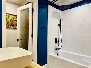 Eco-friendly toiletries, hair dryer, towels, soap