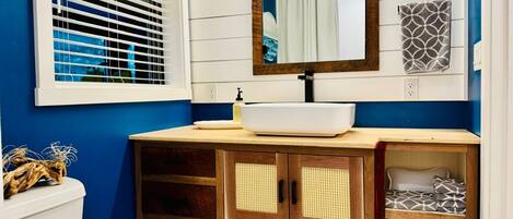 Eco-friendly toiletries, hair dryer, towels, soap