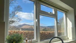 Eine Küche mit einem Fenster mit Blick auf ein Blätterfeld und Berge.