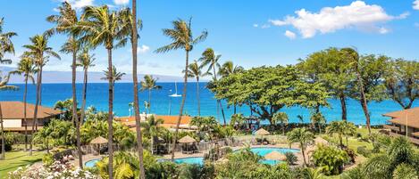 A resort with a pool, palm trees, and a view of the ocean.