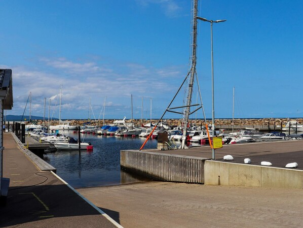 Un port de plaisance avec des bateaux amarrés, une promenade en bois et un ciel dégagé.