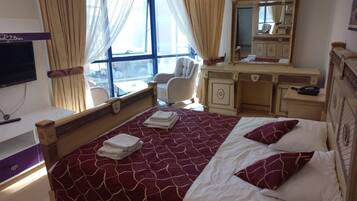 Minibar, desk, laptop workspace, soundproofing