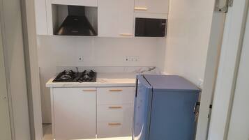 Fridge, microwave, stovetop, electric kettle