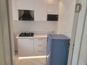 Fridge, microwave, stovetop, electric kettle