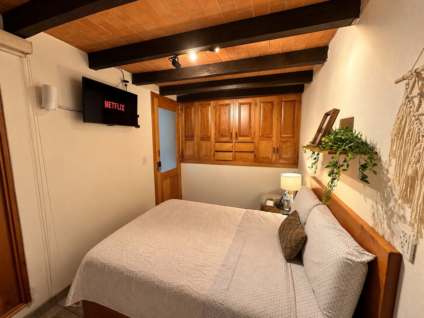 A hotel room with a bed, wooden ceiling beams, a television, a nightstand, a lamp, and a wall-mounted plant.