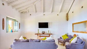 A living room with two sofas, a television, and a wooden table with decorative items. - Villa Thea by Villa Plus (Ionian Islands)