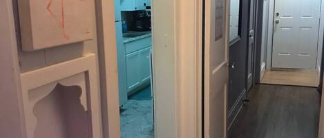 A hallway with a kitchen in the background, a door on the right, and a painting of a flamingo on the wall.