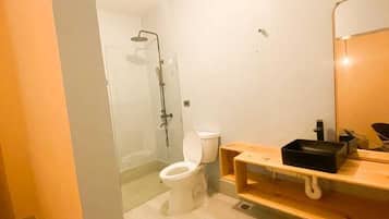 Shower, towels, soap, toilet paper