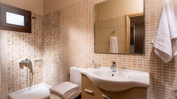 Shower, hair dryer, towels, shampoo